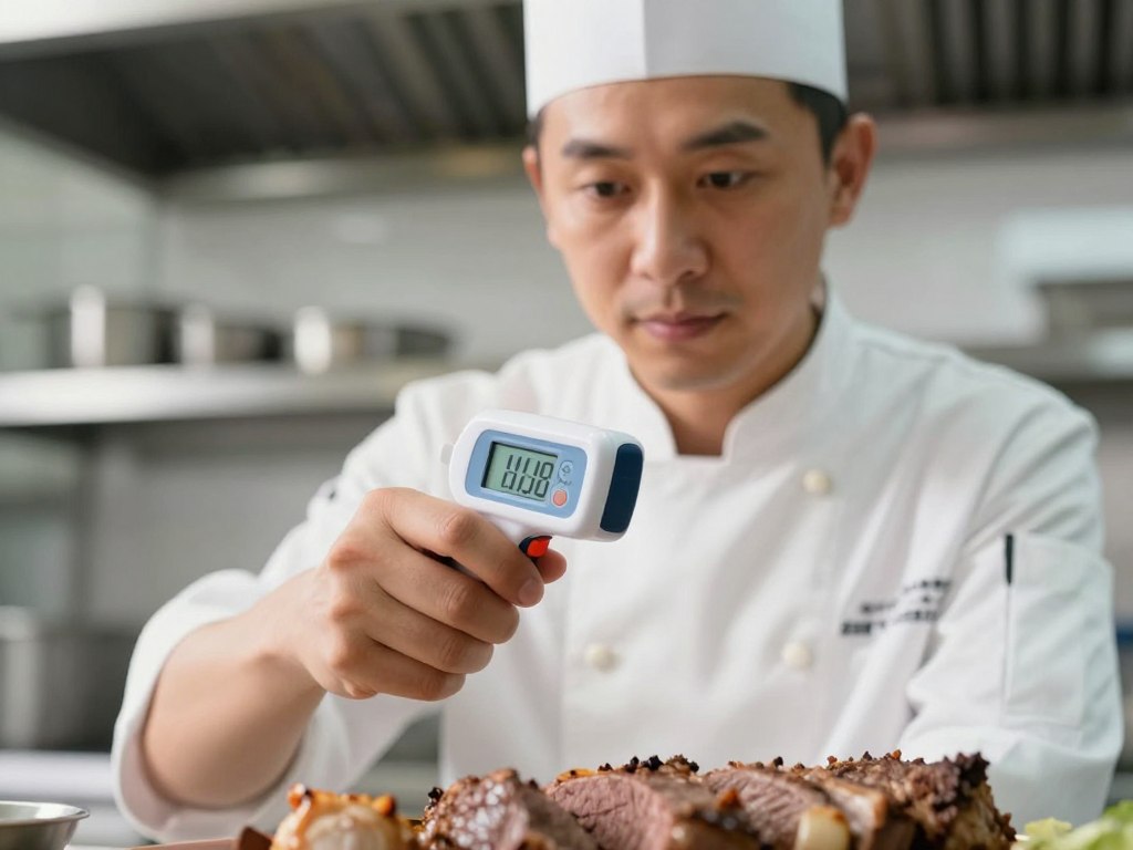 Chef vérifiant températures avec thermomètre alimentaire professionnel Chef vérifiant températures avec thermomètre alimentaire professionnel