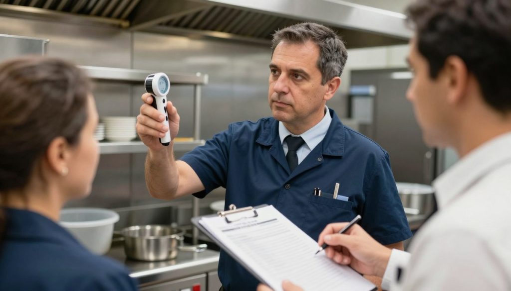 Inspecteur DDPP effectuant contrôle hygiène restaurant Inspecteur DDPP effectuant contrôle hygiène restaurant