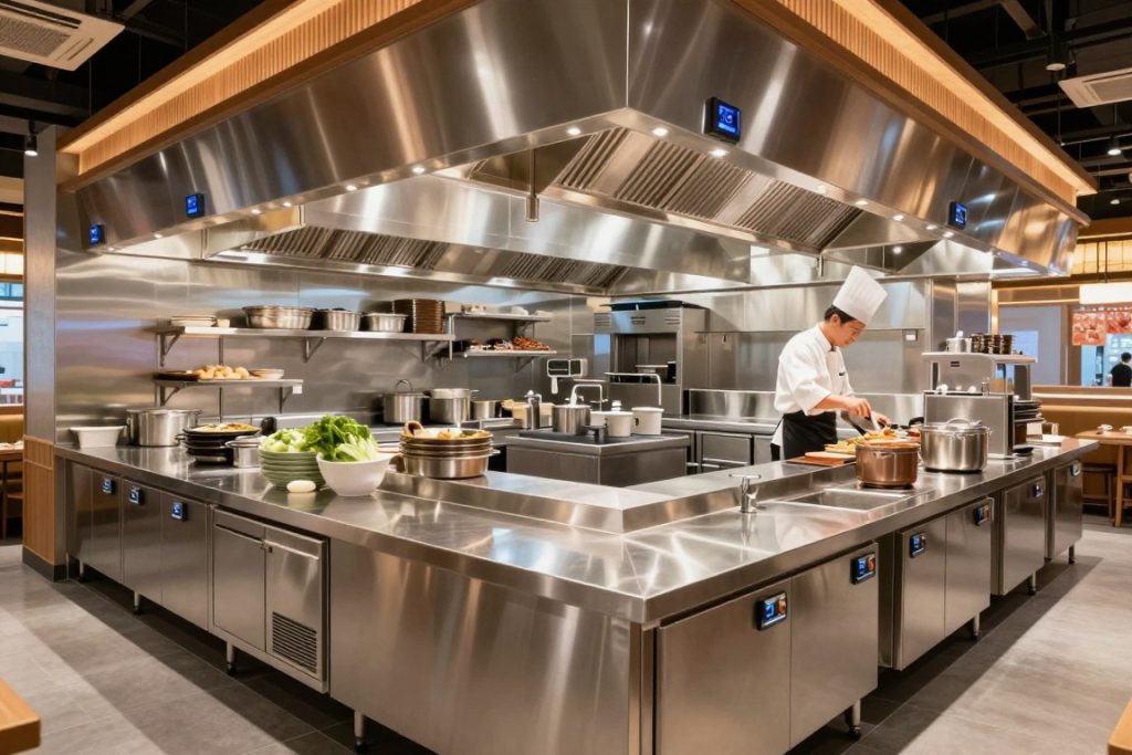 Restaurant commercial moderne avec cuisine ouverte conforme HACCP Restaurant commercial moderne avec cuisine ouverte conforme HACCP