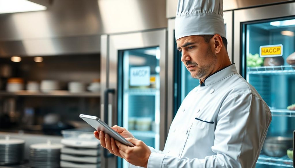 Chef restaurant consultant un protocole HACCP sur tablette devant chambre froide