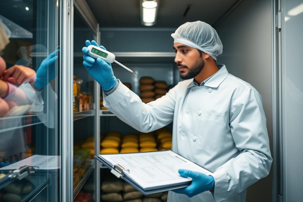 Contrôle qualité produits alimentaires dans chambre froide avec thermomètre sonde