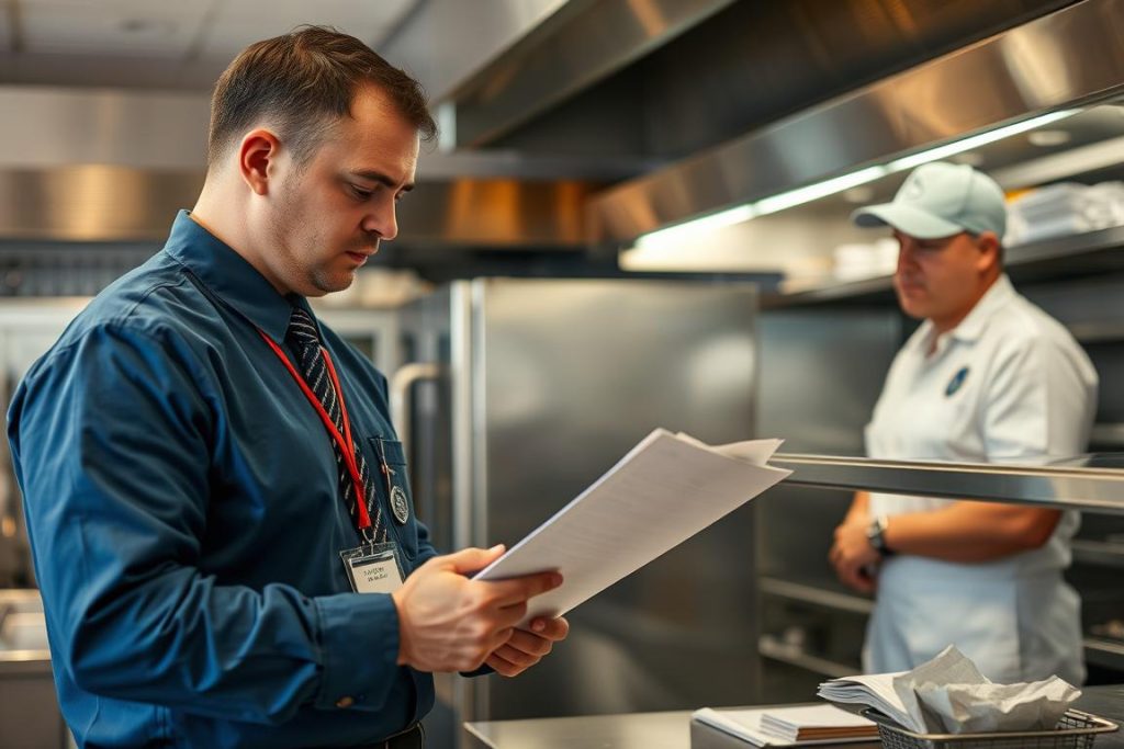 Health inspector conducting control inspection in restaurant kitchen for huile de friture compliance