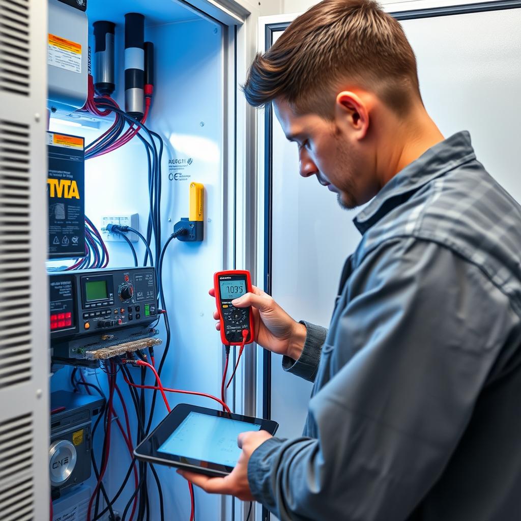 Technicien effectuant diagnostic électronique système frigorifique professionnel