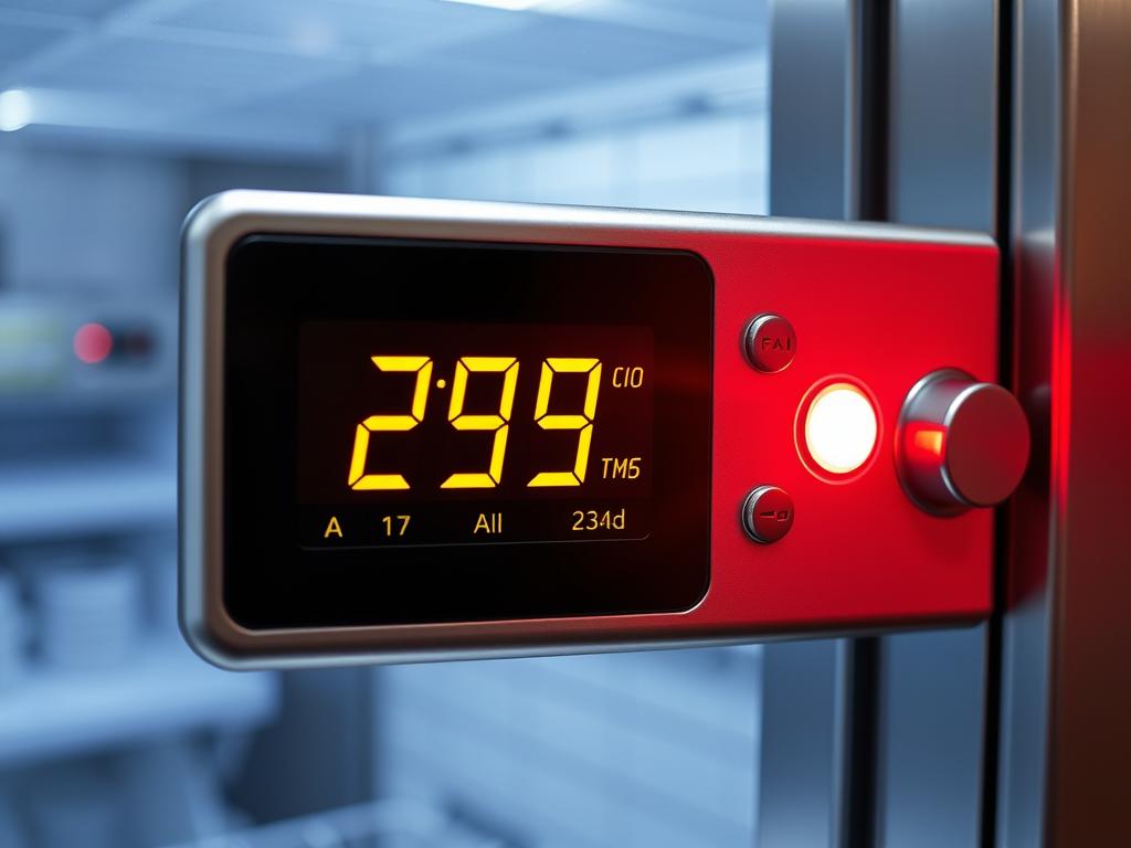 Thermomètre numérique affichant une température critique dans une chambre froide Thermomètre numérique affichant une température critique dans une chambre froide