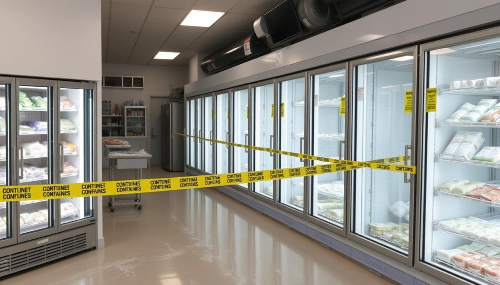 Zone contaminée isolée chambre froide après panne avec signalétique sécurité