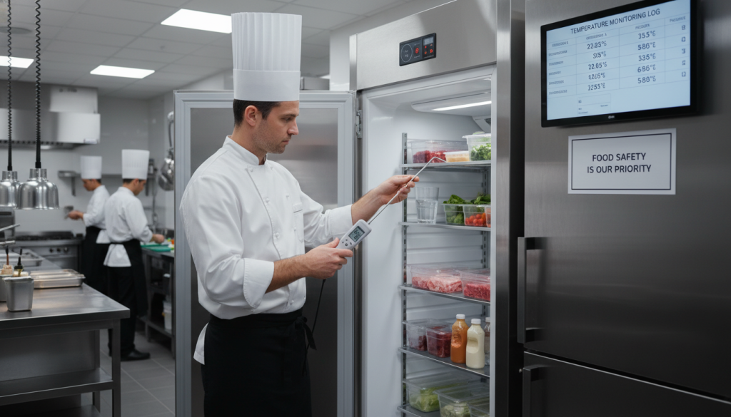 Chef vérifiant température réfrigérateur avec thermomètre en cuisine