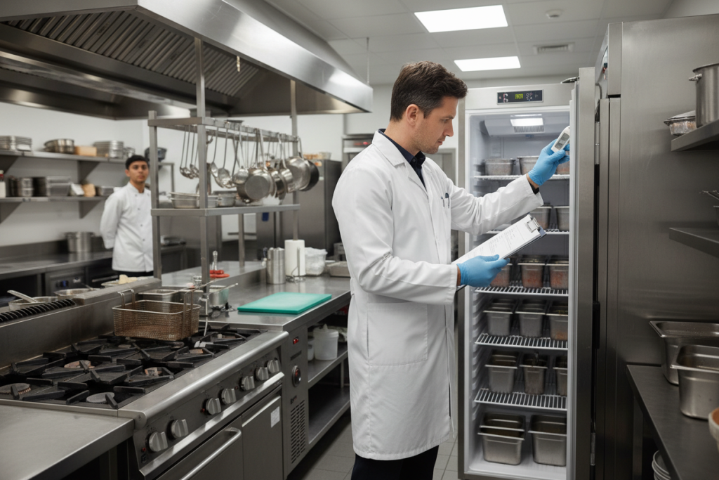 Inspecteur sanitaire effectuant contrôle hygiène dans cuisine de restaurant
