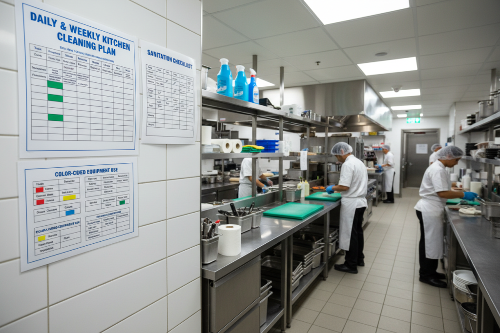 Plan de nettoyage affiché dans cuisine professionnelle restaurant