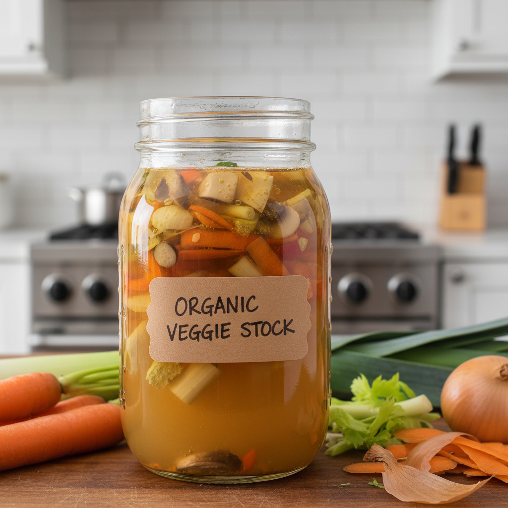Bouillon maison préparé avec épluchures de légumes bio