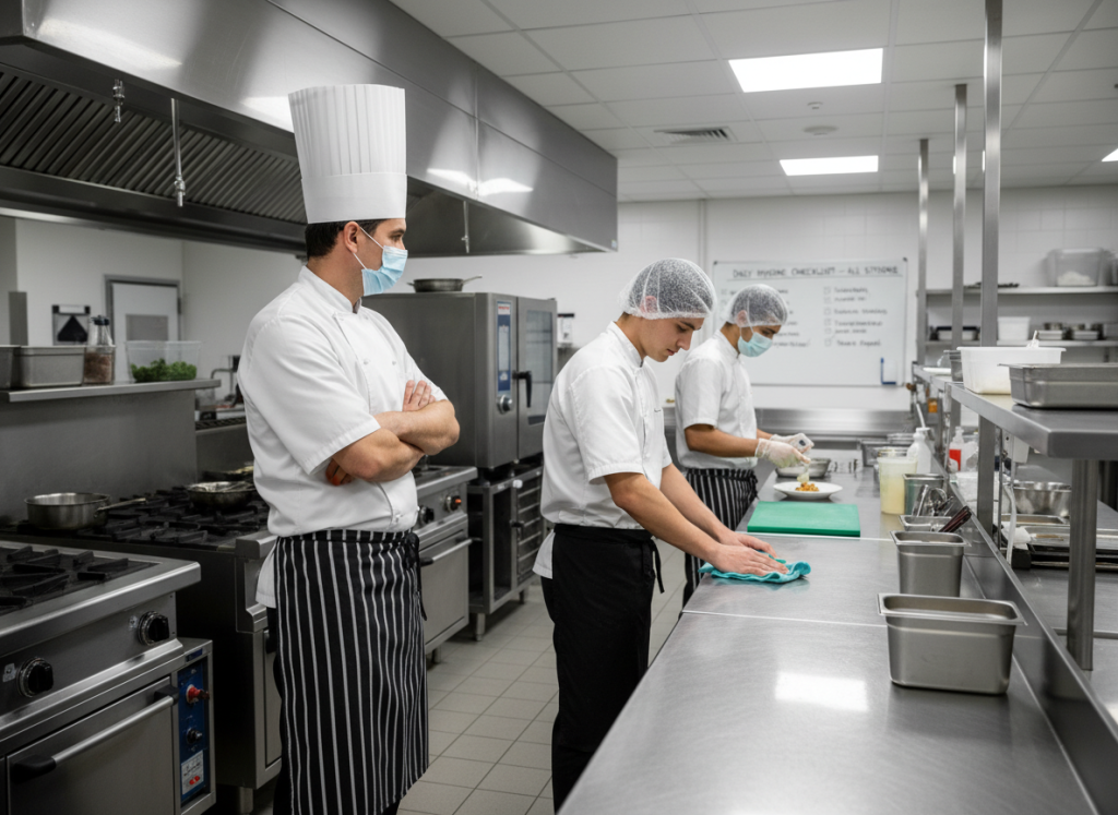 Chef de cuisine vérifiant le respect des règles d'hygiène par son équipe