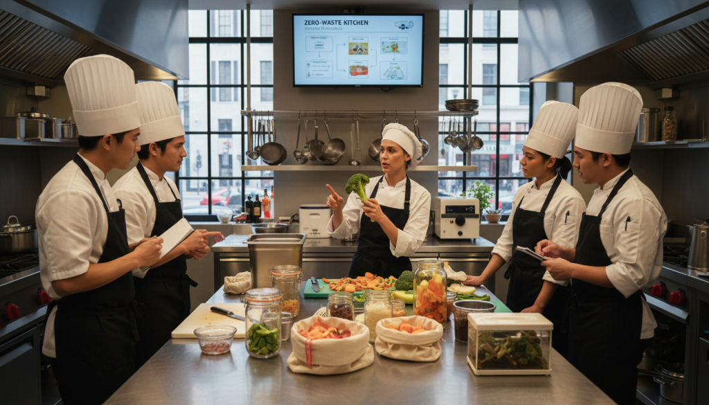 Chef formant son équipe aux techniques de cuisine zéro déchet conformes aux normes HACCP