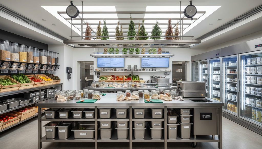 Cuisine professionnelle complètement équipée pour le zéro déchet avec tous les systèmes en place