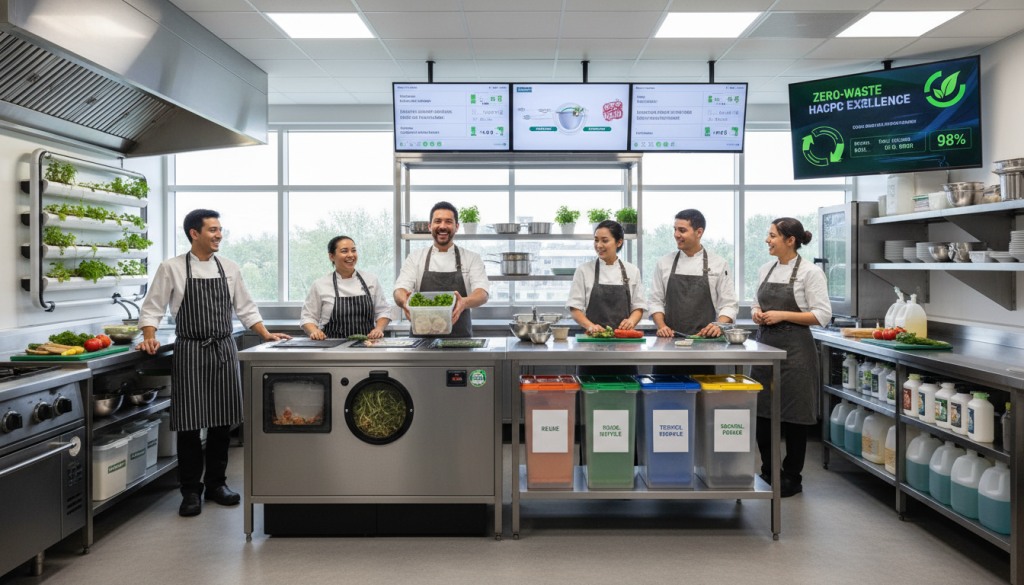 Cuisine professionnelle moderne alliant zéro déchet et conformité HACCP avec succès