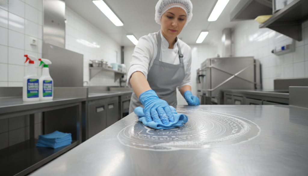 Employé nettoyant et désinfectant les surfaces de travail en cuisine professionnelle