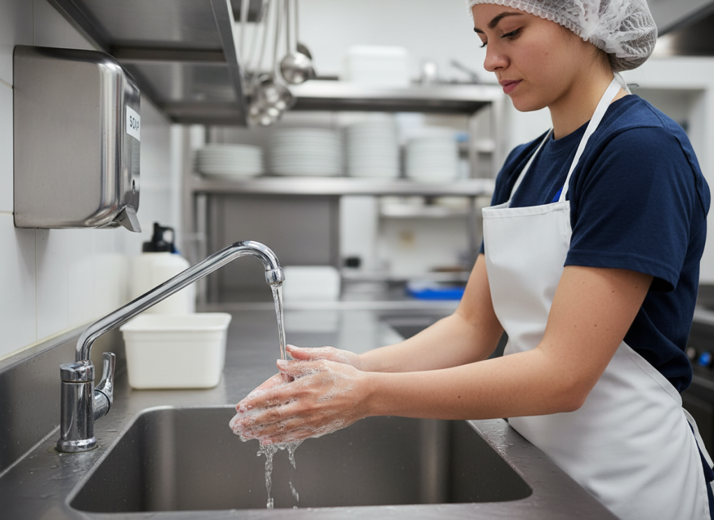 Employé saisonnier se lavant correctement les mains au lavabo de cuisine professionnelle