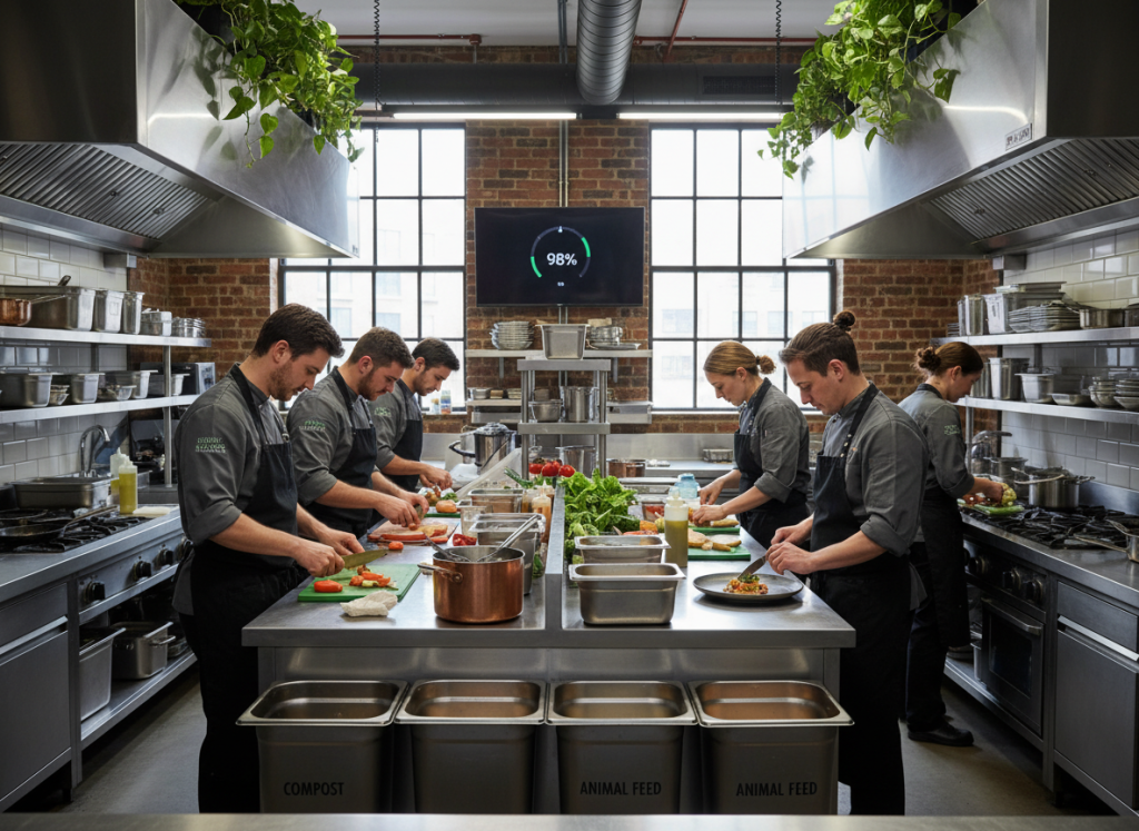 Équipe de cuisine formée aux techniques zéro déchet travaillant ensemble efficacement