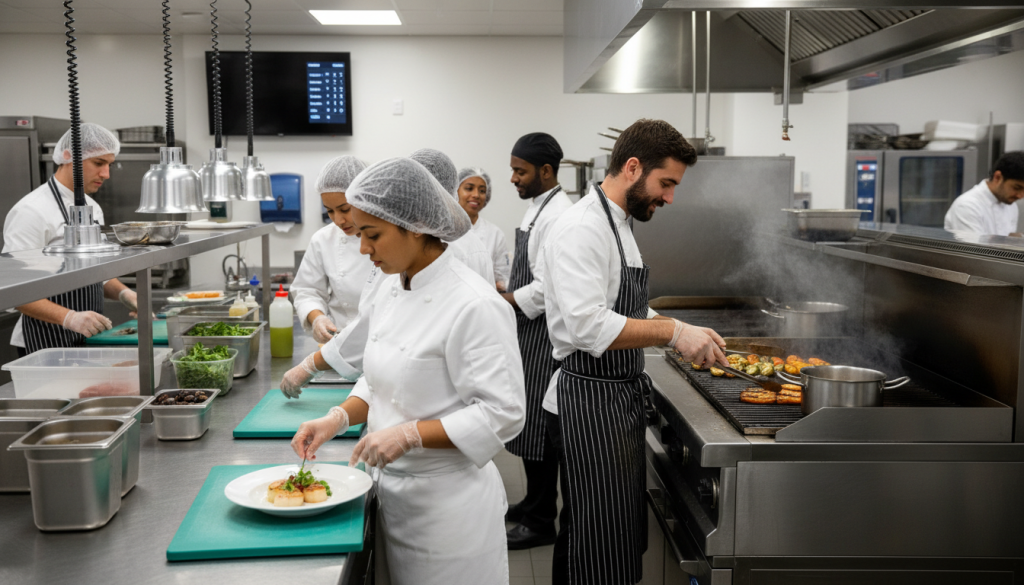 Équipe de cuisine professionnelle respectant les normes d'hygiène alimentaire