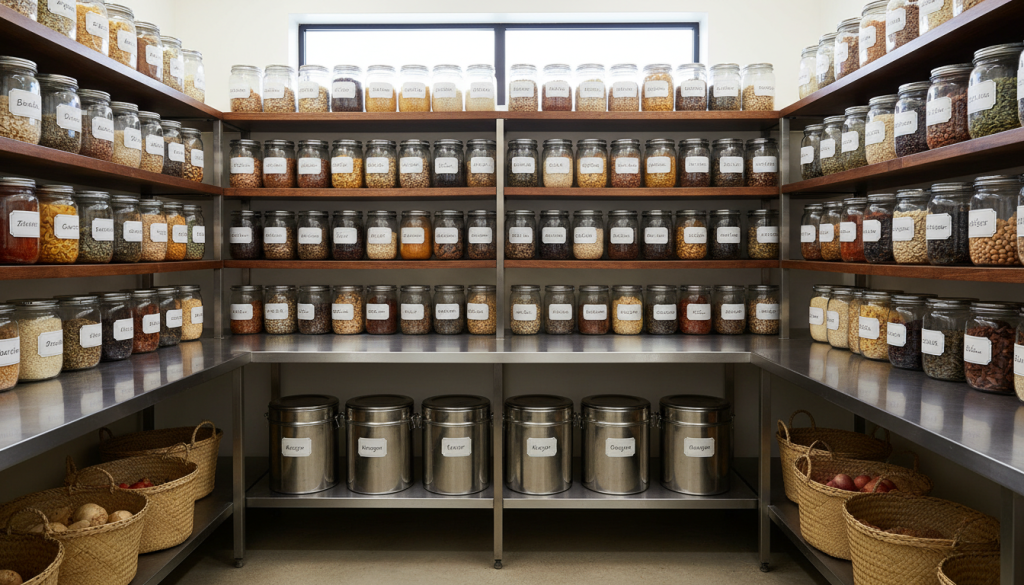 Garde-manger professionnel avec produits en vrac stockés dans bocaux en verre étiquetés