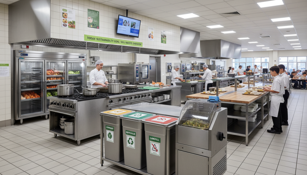 Grande cuisine collective scolaire avec système de tri des déchets et compostage pour 500 repas