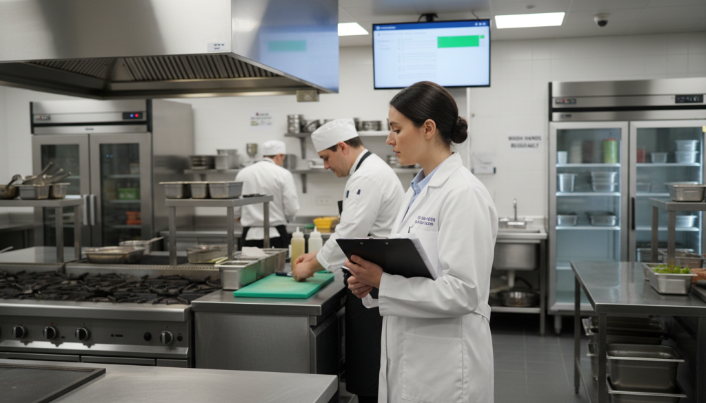 Inspecteur d'hygiène vérifiant la conformité d'une cuisine professionnelle