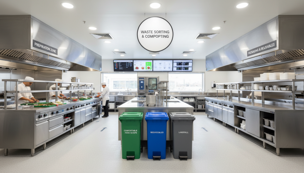 Organisation d'une cuisine professionnelle zéro déchet avec zones de travail séparées selon principes HACCP