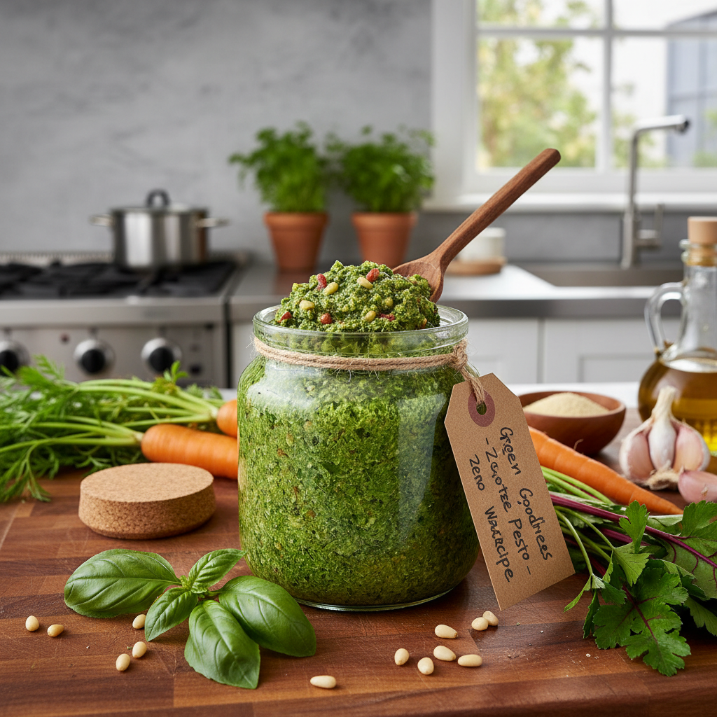 Pesto créatif aux fanes de légumes dans un bocal en verre