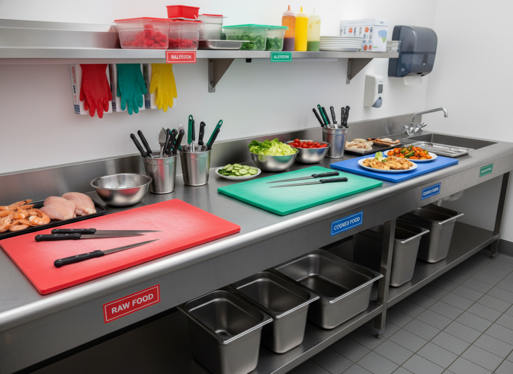 Plan de travail de cuisine avec zones séparées pour aliments crus et cuits