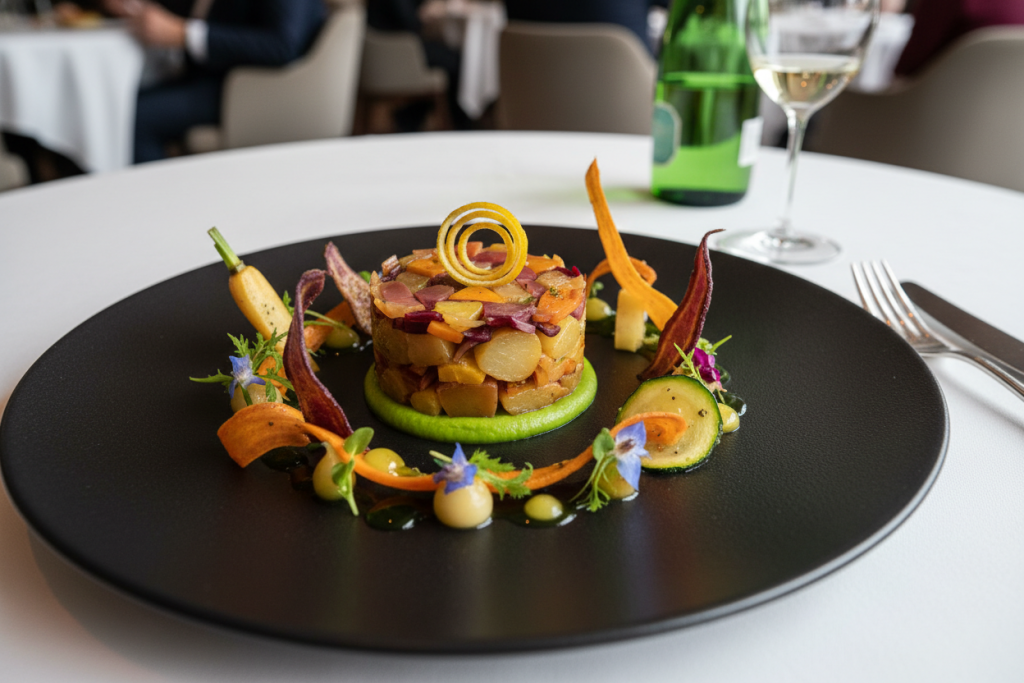 Plat gastronomique créatif utilisant des épluchures valorisées dans un restaurant étoilé