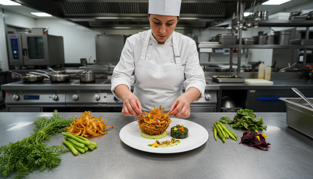 Préparation créative utilisant épluchures et fanes de légumes dans une cuisine professionnelle zéro déchet