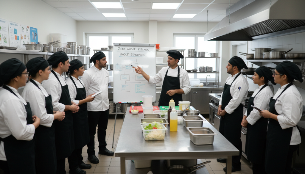 Session de formation du personnel de cuisine aux pratiques zéro déchet et normes HACCP