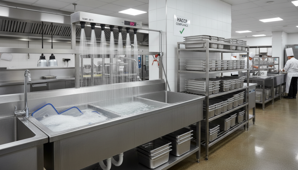 Station de lavage professionnelle avec contenants réutilisables en cours de désinfection selon normes HACCP