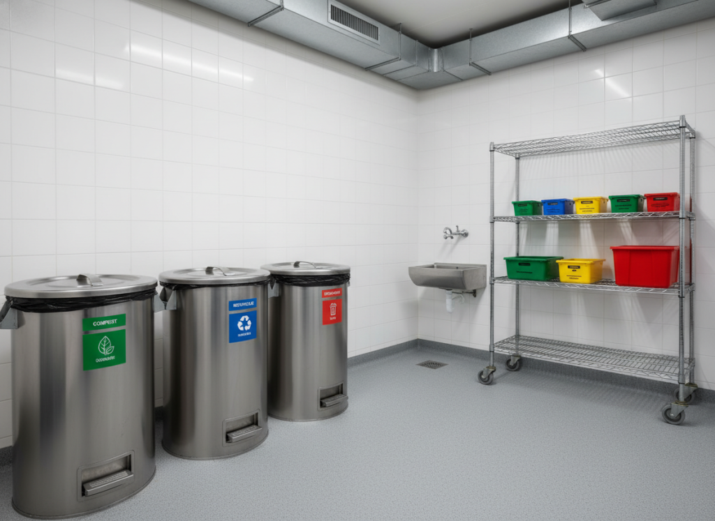Système de poubelles professionnelles avec couvercles hermétiques en cuisine