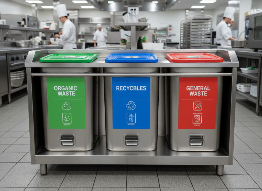 Système de tri des déchets organiques et recyclables dans une cuisine professionnelle conforme HACCP