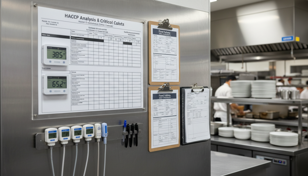 Tableau de contrôle HACCP dans une cuisine zéro déchet avec thermomètres et fiches de traçabilité