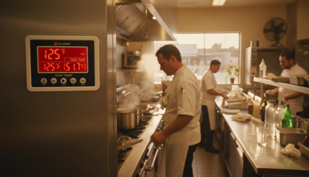Thermomètre indiquant température élevée dans cuisine professionnelle en été