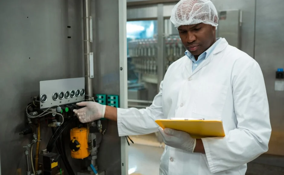 Un inspecteur vétu d'une blouse blanche et tenant un fascicule jaune à la main, vérifie le plan de maitrise alimentaire d'une entreprise.